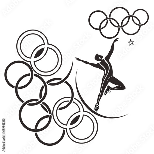 A dynamic silhouette of an athlete reaching for a star above the iconic olympic rings symbolizing achievement and athletic pursuit