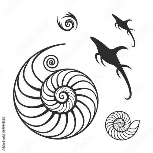 Stylized black and white graphic design featuring a large nautilus shell section and smaller spiral elements with abstract aquatic creatures swimming