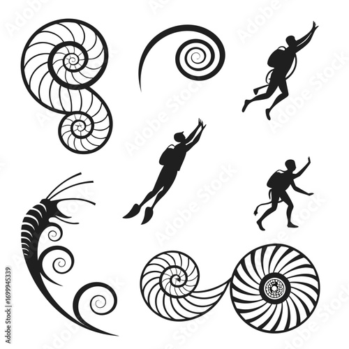 Collection of black silhouette graphics featuring scuba divers ammonite shells and abstract spiral designs on a white background representing underwater exploration and natural forms