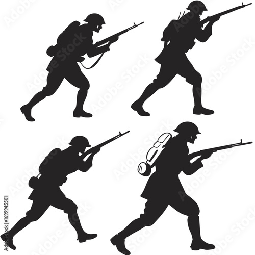 Four silhouette illustrations of soldiers in uniform advancing with rifles in a dynamic military formation against a white background