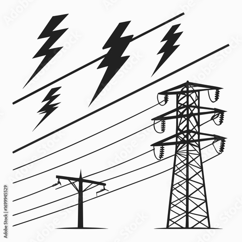 Black silhouette of power lines and transmission towers with lightning bolts against a white background representing electricity and energy