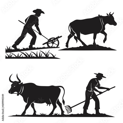 Silhouettes of farmers working in fields with cows and agricultural tools representing traditional farming and rural life