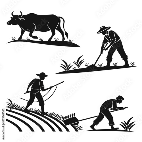 Silhouette of farmers working in fields with a bull depicting agricultural activities like plowing and digging representing traditional farming methods and rural life