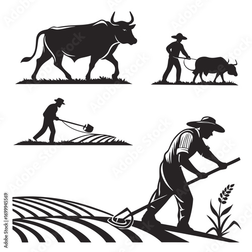 Vintage agricultural scenes depicting farmers working the land with oxen and tools symbolizing traditional farming and rural life