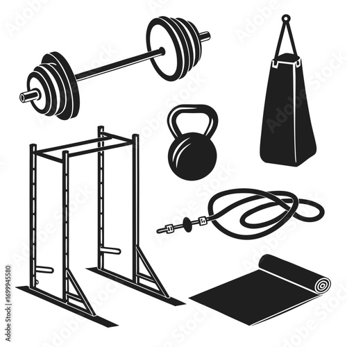Collection of black silhouette fitness equipment including a barbell kettlebell punching bag power rack jump rope and yoga mat on a white background