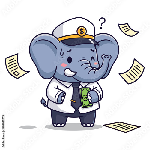 Confused cartoon elephant with money problems illustration for financial literacy education