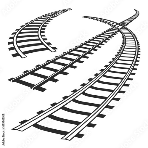 Abstract graphic illustration of multiple black railway tracks curving and crossing against a white background representing journeys and decisions