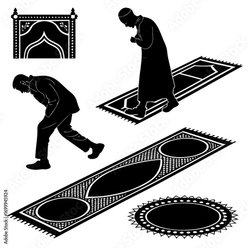 Islamic prayer rug collection with men performing prayer movements in silhouette on white background