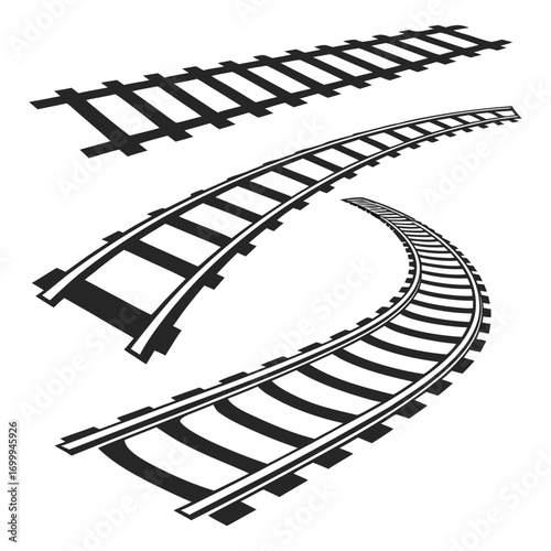 Abstract illustration of black railway tracks on a white background with perspective showing straight and curved sections for transportation and journey concepts