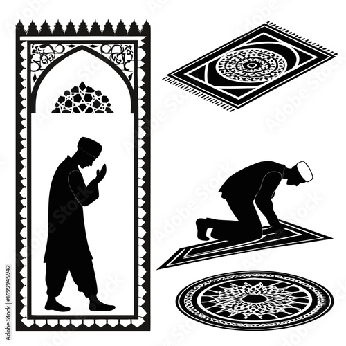 Silhouette of a muslim man praying in a mosque archway and on prayer mats with decorative prayer rug designs symbolizing islamic devotion and worship