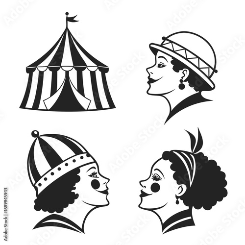 Vintage circus performers and tent silhouettes featuring two women in costume and a classic striped big top tent illustration