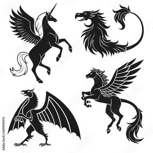 Collection of four black silhouette mythical creatures including a winged unicorn a griffin a winged horse and a dragon like beast against a white background