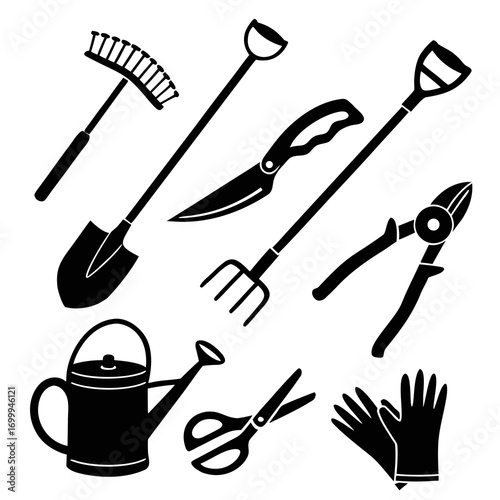 A collection of black silhouette illustrations of essential gardening tools including a shovel rake trowel fork shears pruning shears watering can and gloves on a white background