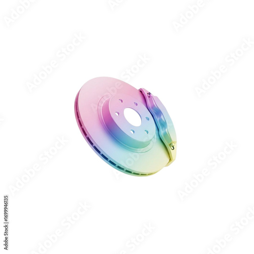 Car brake disc and caliper with a vibrant rainbow gradient effect