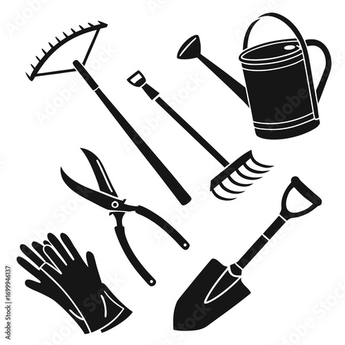 Collection of black silhouette garden tools including a watering can rake hoe pruning shears shovel and gloves on a white background for gardening and outdoor activities