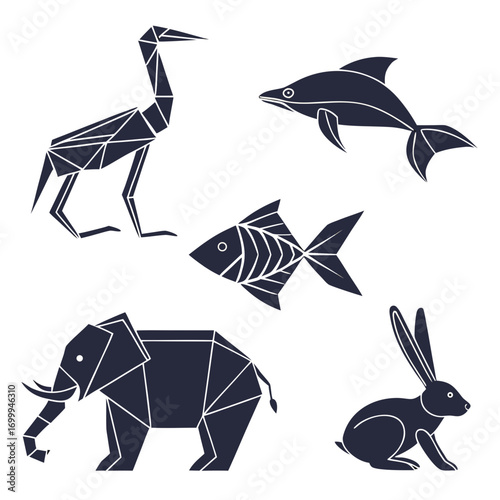 Geometric origami style silhouettes of diverse animals including a crane elephant dolphin fish and rabbit on a white background