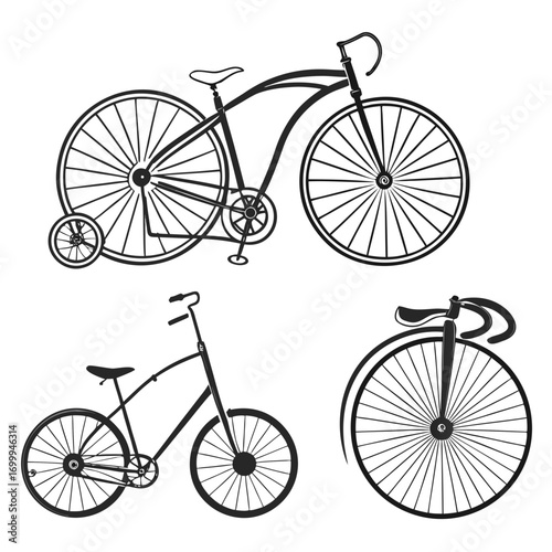 Collection of vintage and classic bicycle silhouettes including a penny farthing style bicycle with training wheels a cruiser bicycle and a racing bicycle front wheel