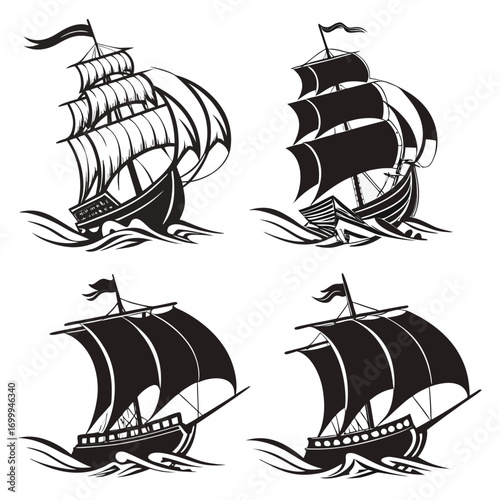 Collection of four black and white silhouette illustrations of vintage sailing ships navigating choppy waters showcasing different sail configurations and hull designs