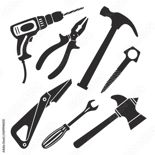 A collection of black silhouette icons representing various hand and power tools for construction and repair work on a white background
