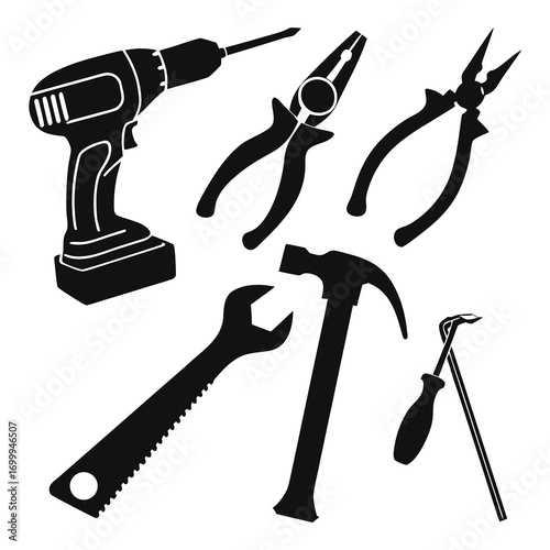 A collection of black silhouette icons representing various hand tools including a cordless drill pliers a wrench a hammer and a nail puller set against a white background