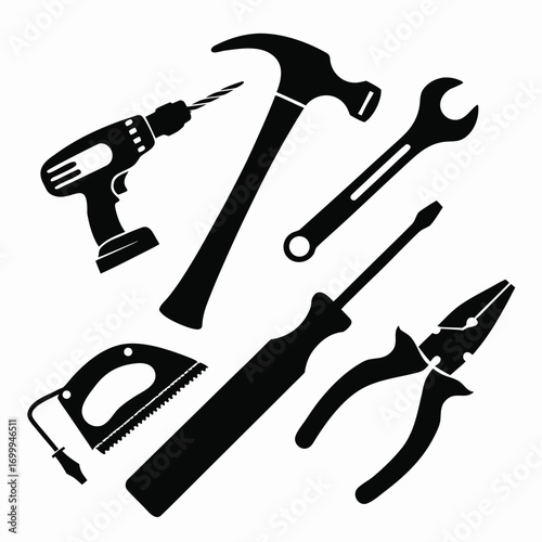A collection of black silhouette icons representing various hand tools including a drill hammer wrench screwdriver pliers and a saw on a white background