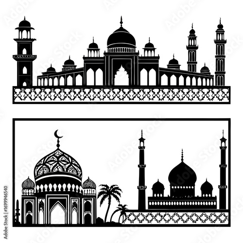 Two stylized black silhouette illustrations of iconic islamic architecture including mosques and minarets with decorative borders and palm trees