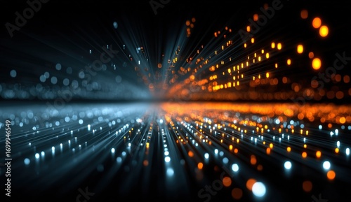 Abstract digital art with glowing particles in blue and orange, reflected on surface