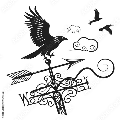 Silhouette of a majestic eagle perched atop a decorative weather vane with an arrow pointing west accompanied by two birds and stylized clouds in a black and white graphic illustration