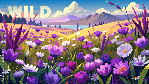 Majestic panoramic grassland bursting with vivid purple and white wildflowers. Close-up textures reveal fragile beauty kissed by sunlight, celebrating peaceful moments, delicate grace, and the endless