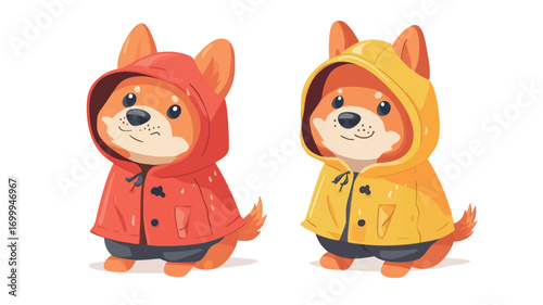 The image features a digital illustration of two cartoon corgi dogs.  Each corgi is wearing a raincoat; one red and one yellow.  The raincoats have hoods. The dogs are depicted in a cheerful