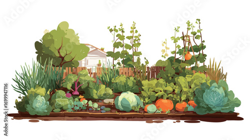 A vibrant cartoon illustration depicting a bountiful vegetable garden.  The illustration showcases a variety of vegetables including cabbages, pumpkins, leafy greens, and other plants.