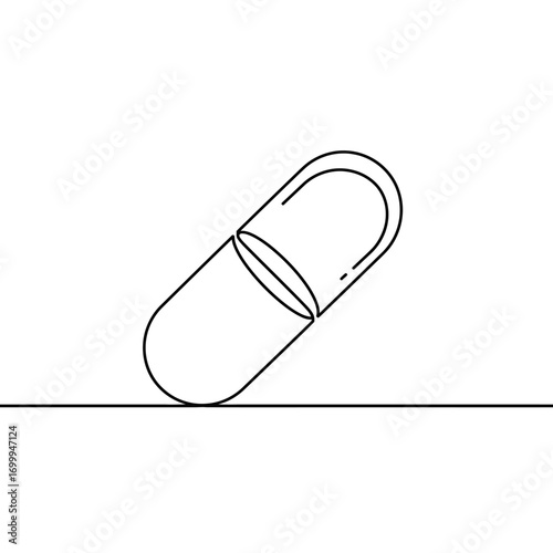 A minimalist continuous line drawing depicts a single pharmaceutical capsule, symbolizing modern medicine, health, and wellness in a clean, abstract style.