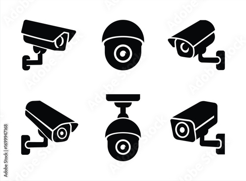 Vector illustration of six CCTV security camera icons in black silhouette, each uniquely designed and positioned to represent modern surveillance equipment.