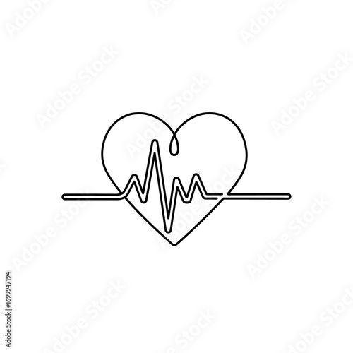 A continuous line drawing depicts a stylized heart shape encompassing an electrocardiogram pulse, symbolizing health, love, and vital life energy.