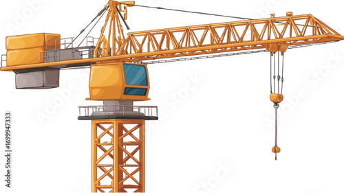 A digital illustration of a yellow tower crane against a white background. The crane is depicted in detail, showing its main components including the tower, jib, counterweight, operator's cabin,