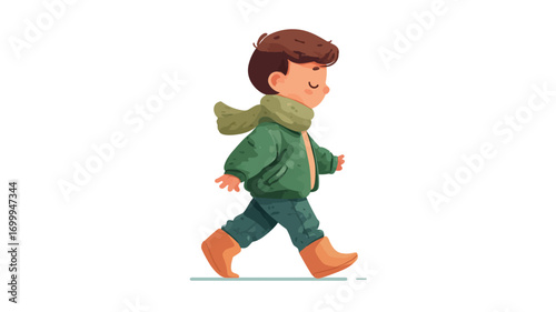 Digital illustration of a young boy wearing a green jacket, a light green scarf, and orange boots, walking in profile view against a white background. The style is cartoonish and vector-based,