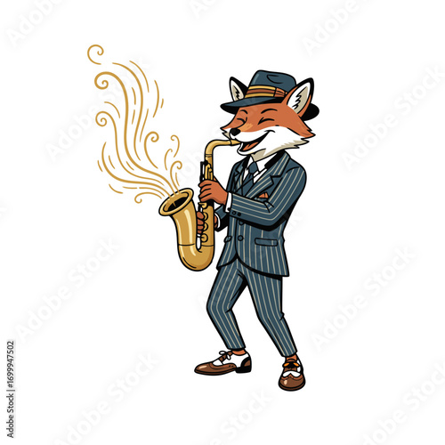 Anthropomorphic Fox in a Suit Playing a Saxophone with Musical Notes