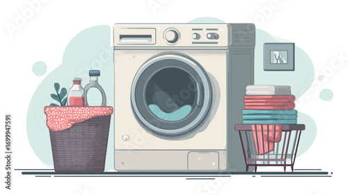 Illustration of a front-loading washing machine in a minimalist style. The washing machine is off-white, depicted with a partially visible load of light teal water. Next to it is a wire laundry