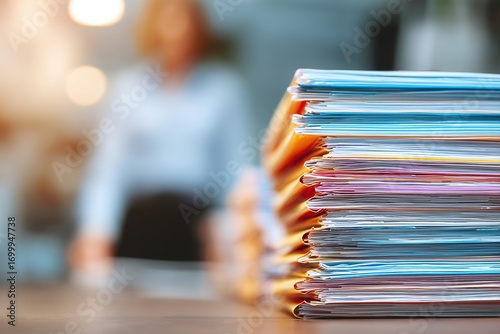 Binders with papers are waiting to be processed by business woman or bookkeeper back in blur. Internal Audit and tax concept. High quality