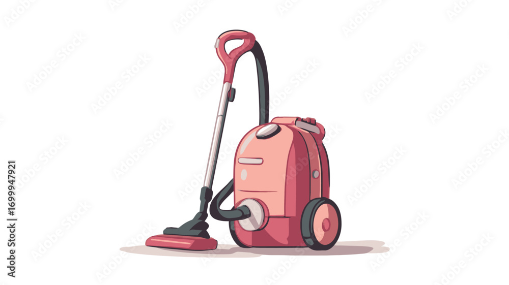 Fototapeta premium A digital illustration of a pink upright vacuum cleaner. The vacuum is depicted in a cartoon style with soft, rounded edges. It features a pink body, silver wand and hose, and a dark gray floor