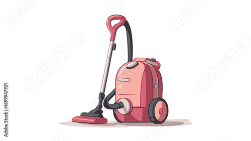 A digital illustration of a pink upright vacuum cleaner. The vacuum is depicted in a cartoon style with soft, rounded edges.  It features a pink body, silver wand and hose, and a dark gray floor