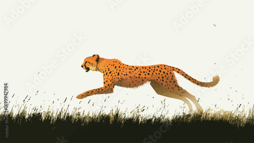 The image showcases a cheetah in mid-stride against a stark white background. The cheetah is depicted in profile view, its body elongated and legs extended, showcasing dynamic movement.