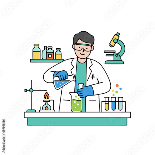 Scientist Experimenting in Lab with Flasks and Microscope Illustration