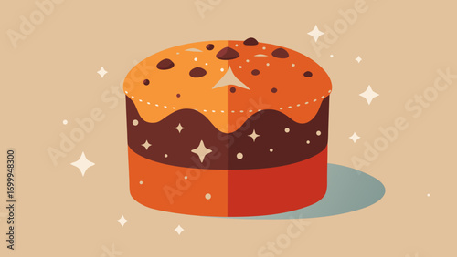 hybrid panettone filled with chocolate chip cookies, muted vintage Christmas palette with golden stars