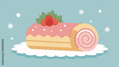 hybrid Yule log cake with layers of cheesecake and strawberry glaze, soft pastel tones with snowflake background elements
