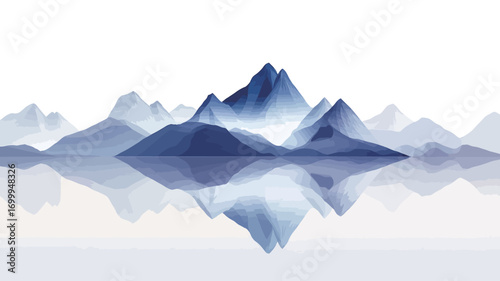 The image depicts a minimalist illustration of a mountain range reflected in a calm body of water.  The mountains are rendered in shades of blue, with a soft, almost watercolor-like effect