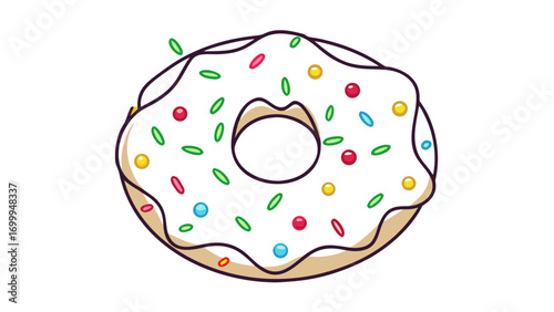Christmas hybrid donut with white icing and colorful round and oval sprinkles in cartoon style
