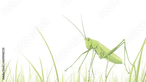 Close-up macro photograph of a green grasshopper positioned in a patch of grass against a plain white background. The image shows intricate detail of the grasshopper's body and legs.