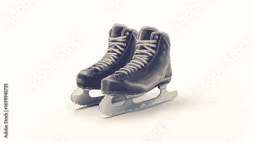 A studio shot of a pair of dark blue ice skates against a clean white background. The skates are shown from a slightly elevated angle, showcasing their details including laces, blades