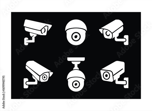 Vector illustration of six CCTV security camera icons in black silhouette, each uniquely designed and positioned to represent modern surveillance equipment.